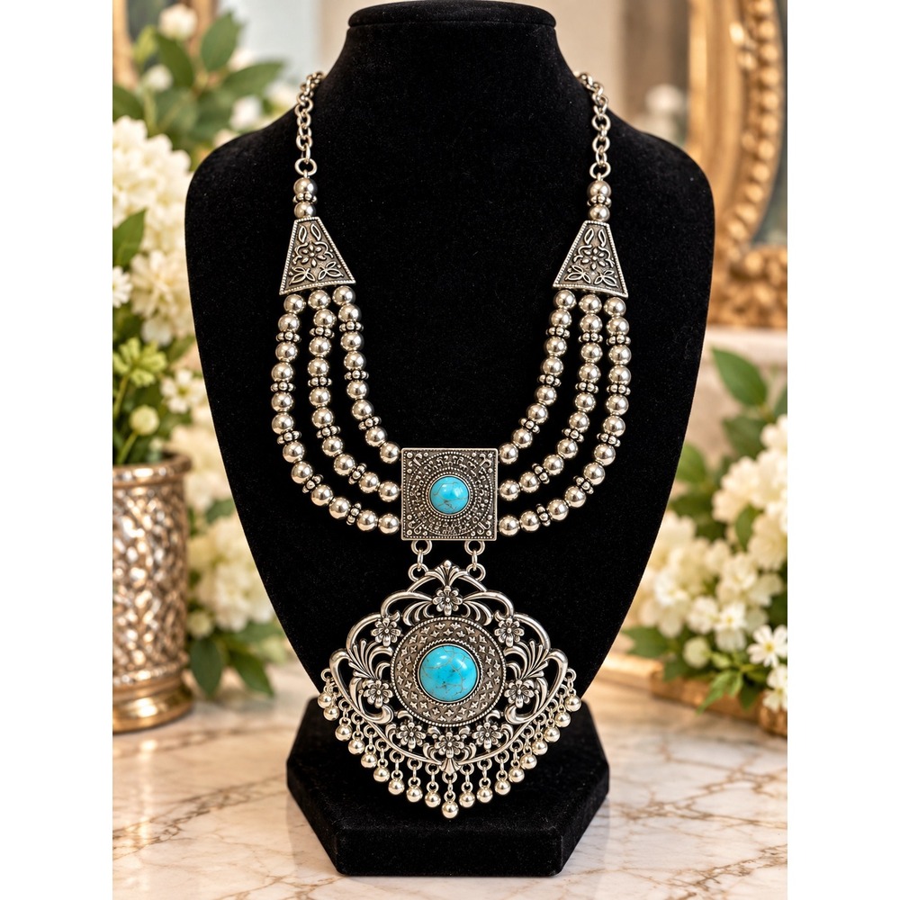 Silver Tone Faux Turquoise Beaded Multi Strand Statement Bib Necklace Boho
